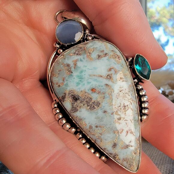 Larimar Blue Topaz Pendant Sterling Silver, Handmade Ocean-Inspired Jewelry - Picture 8 of 10